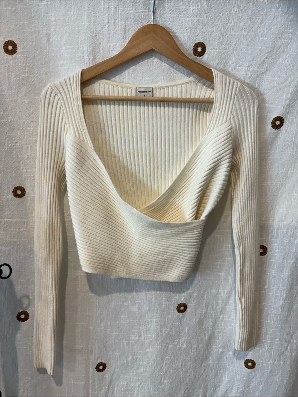 Abercrombie & Fitch Cream Ribbed Wrap-Front Crop Top